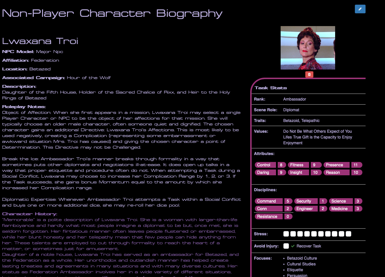 image: GM Universe Builder NPC Biography view
